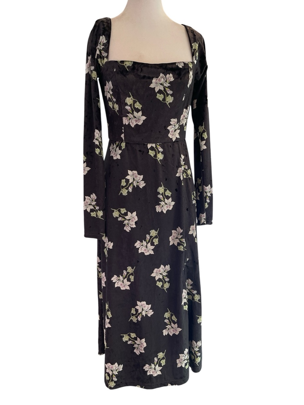 Hutch Black Purple Floral Crushed Velvet Midi Dress Square Neck Lined S - Picture 2 of 11